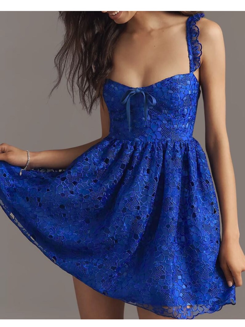 NWT ANTHROPOLOGIE Ruffle-Strap Corset Lace Mini Dress Blue Size XS Petite